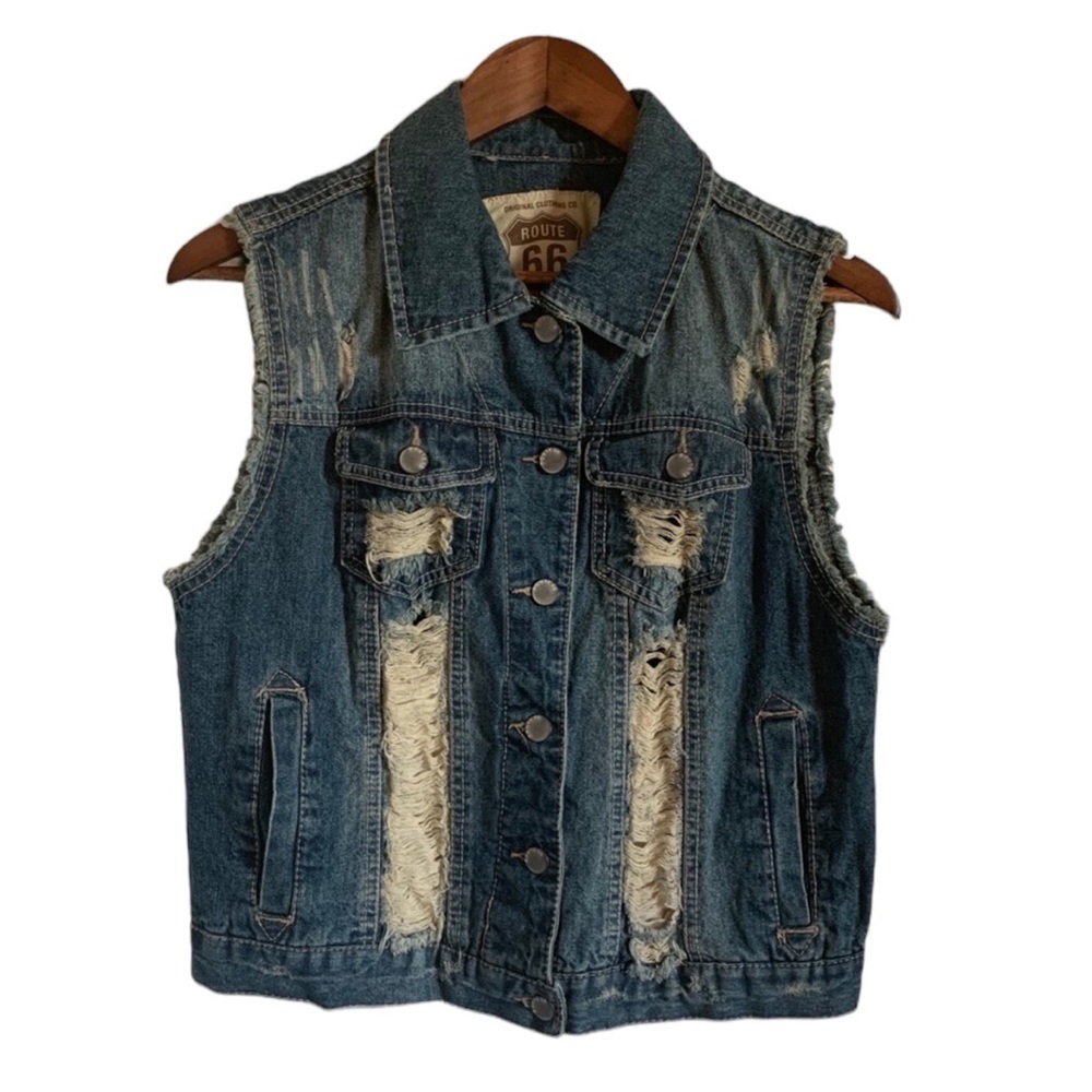 Route 66 Distressed Denim Vest - Picture 1 of 6